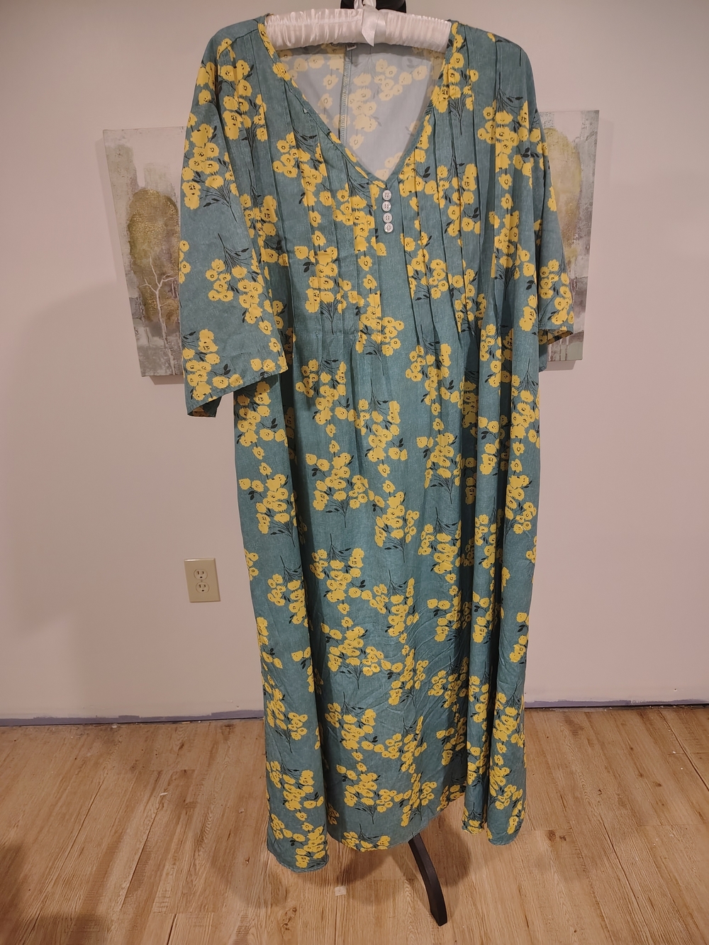 V-Neck Silky Floral Maxi Dress in Teal with Yellow Print